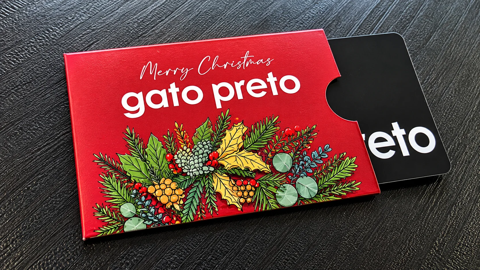 Exemplo de embalagem personalizada para cartão presente Gato Preto