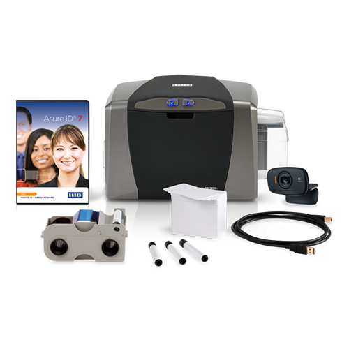 Exemplo de conjunto HID FARGO DTC1250e com cartões e consumíveis